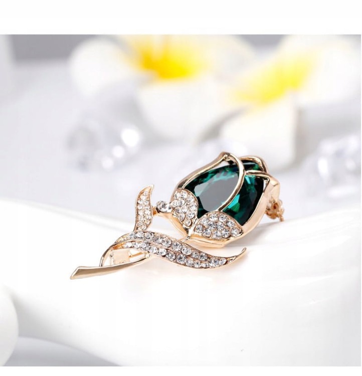 PINETS broszka kwiat RÓŻA Zielony Złoty Cyrkonie