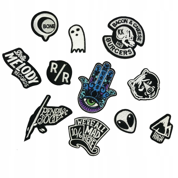 ZESTAW 11 Naszywki TERMO Ręka Fatimy Napis Ufo