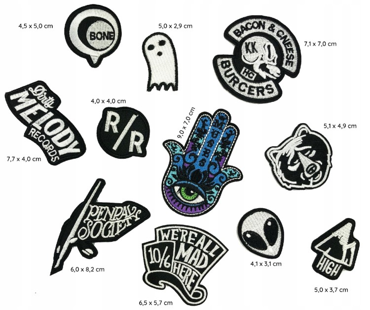 ZESTAW 11 Naszywki TERMO Ręka Fatimy Napis Ufo