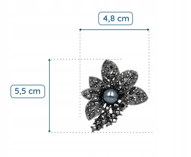 PINETS Broszka czarny Kwiat Cyrkonie perła Liście