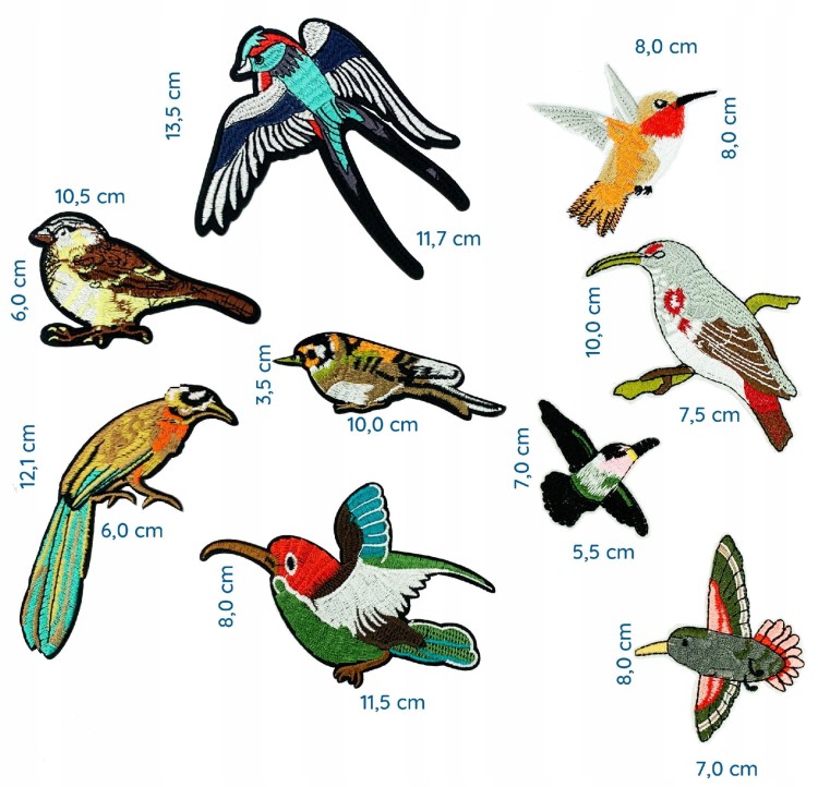 ZESTAW 9 Naszywki TERMO naprasowanki Ptaki Haft