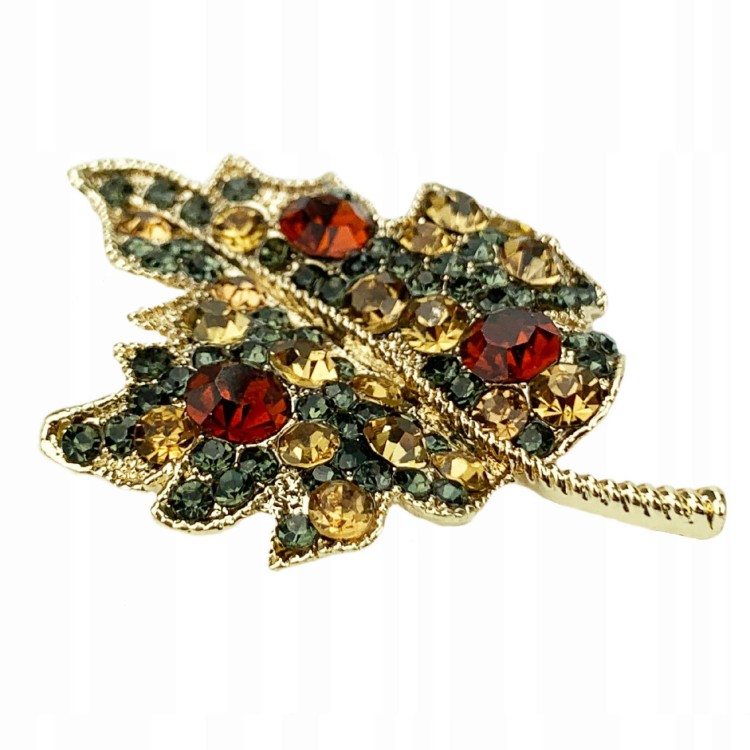PINETS Broszka złoty Liść Listek Cyrkonie ozdoba