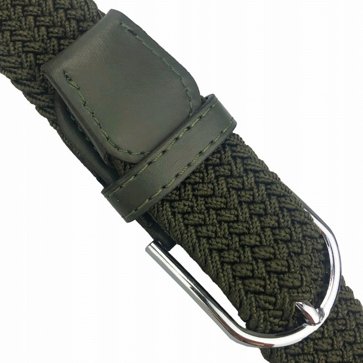 PASEK Pleciony ciemny zielony srebrna klamra khaki