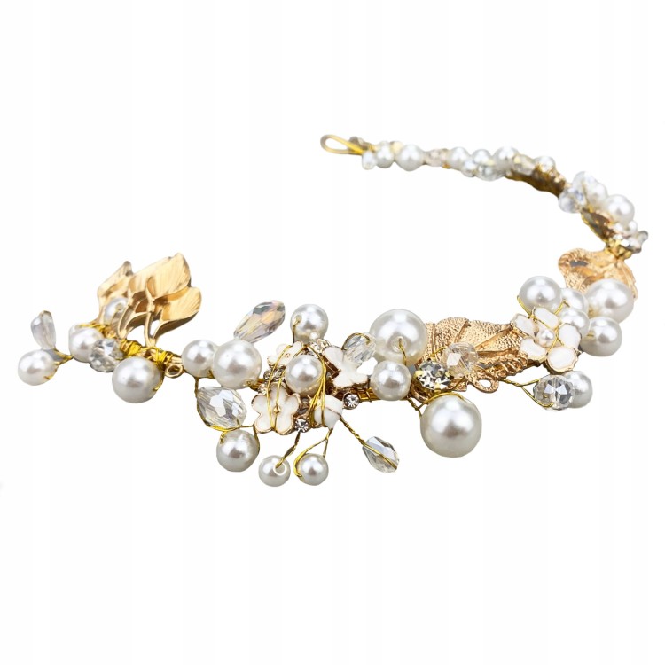 WIANEK Opaska Kwiaty na włosy Listki perły ślub