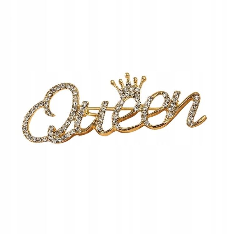 PINETS Broszka Queen cyrkonie złoty napis Królowa