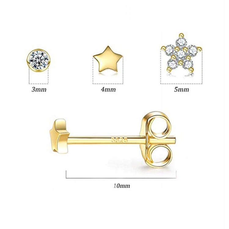 KOLCZYKI 3 pary złote gwiazdy srebro 925 pozłacane