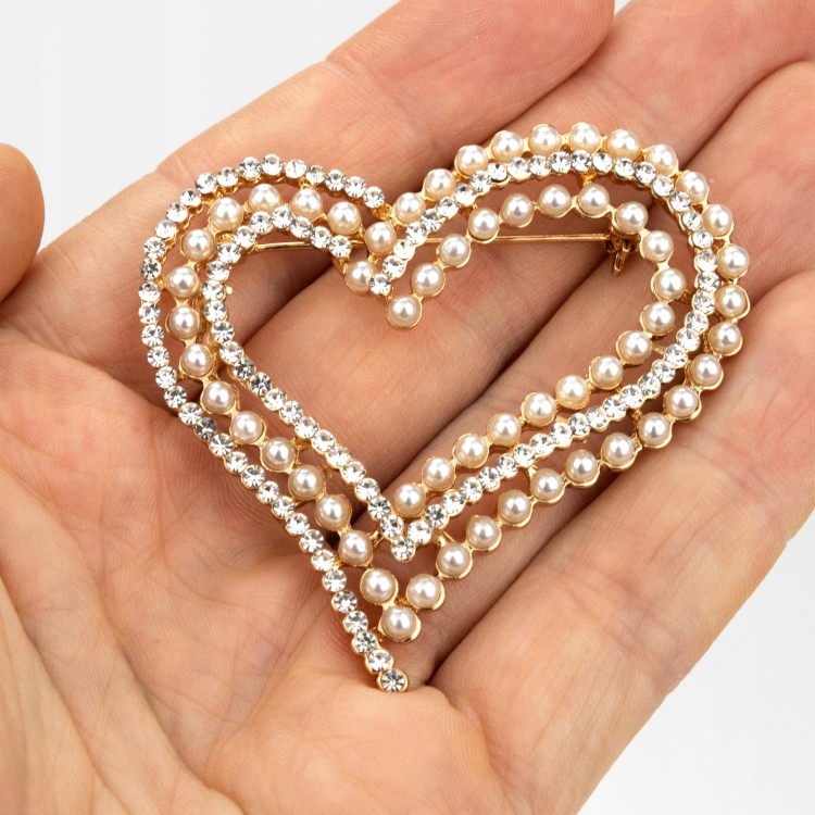 PINETS Broszka serce z koralikami i cyrkoniami