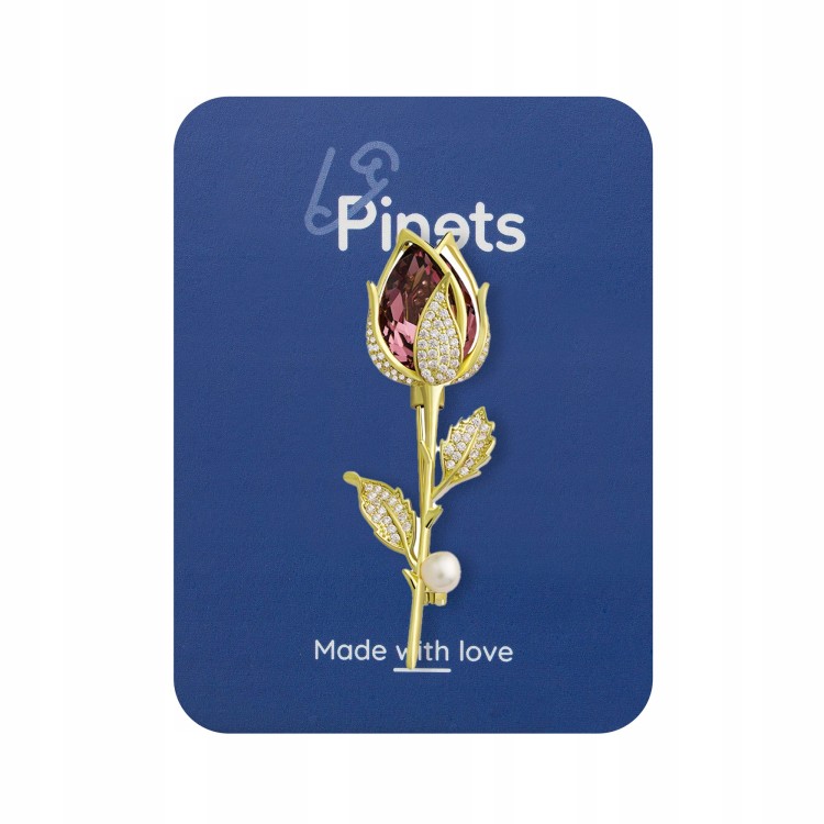 PINETS Kwiat Róża z cyrkoniami Broszka pozłacana