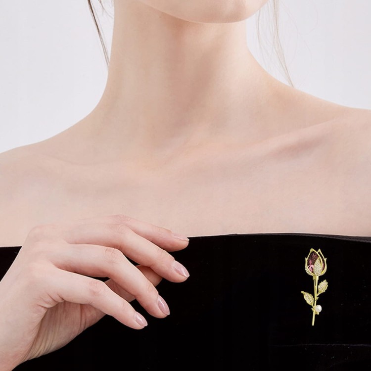 PINETS Kwiat Róża z cyrkoniami Broszka pozłacana