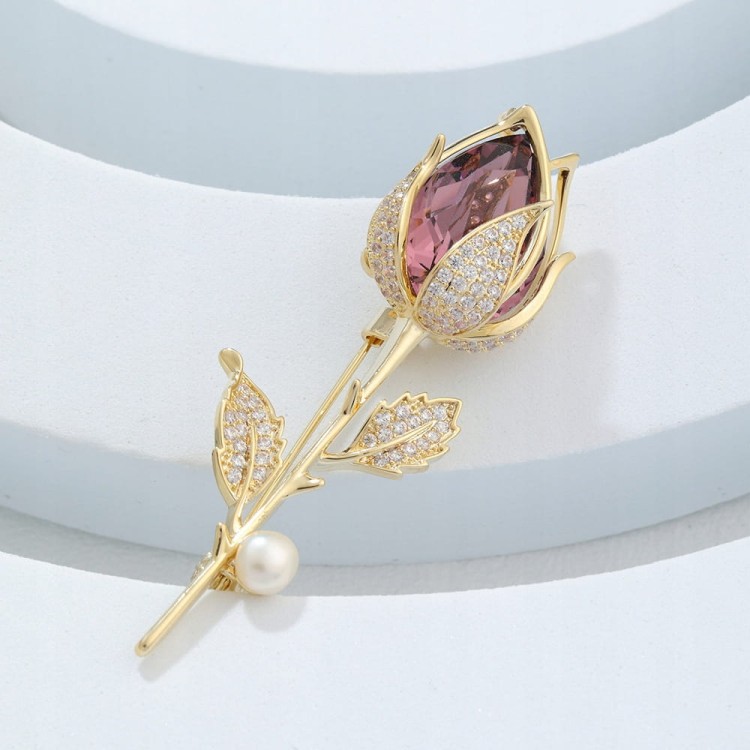 PINETS Kwiat Róża z cyrkoniami Broszka pozłacana