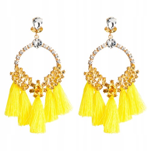 Kolczyki żółte z cyrkoniami i frędzlami z różą