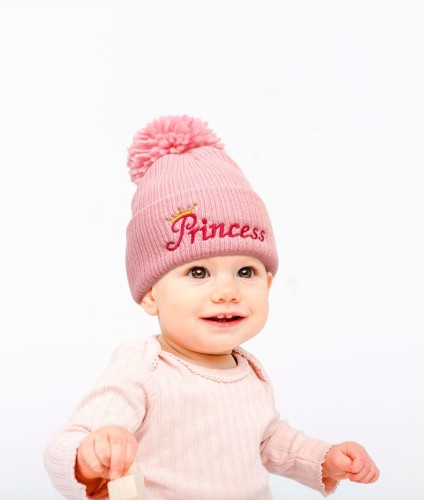 Princess czapka zimowa dla dziecka różowa pompon