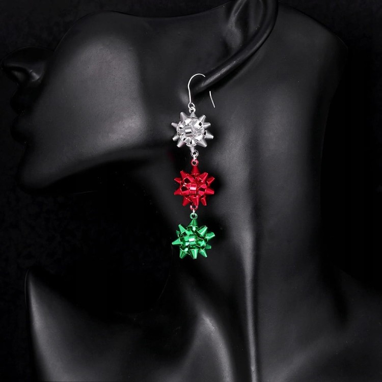 Kolczyki świąteczne długie trzy rozetki kokardy