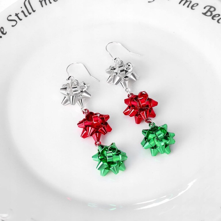 Kolczyki świąteczne długie trzy rozetki kokardy