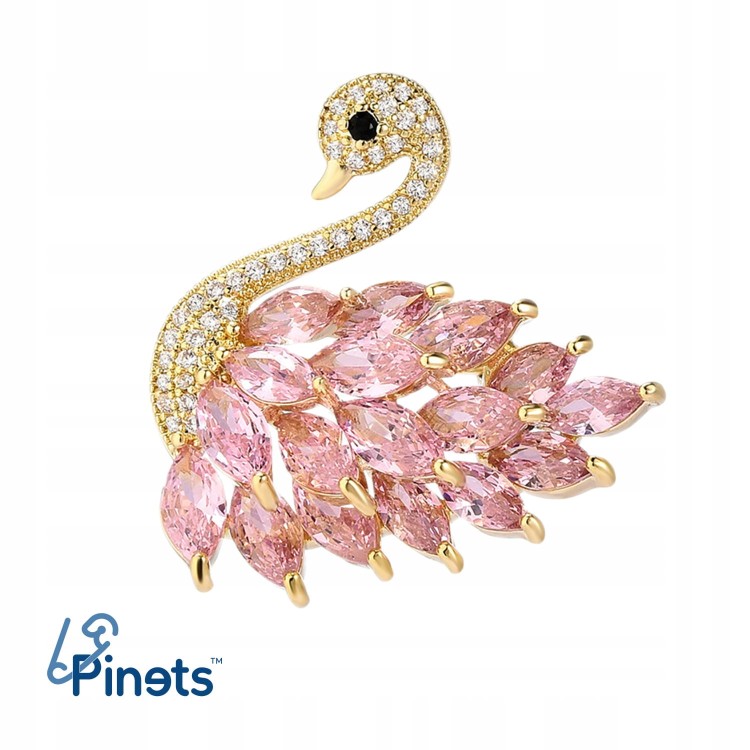 PINETS łabędź różowy broszka pozłacana 14k złotem