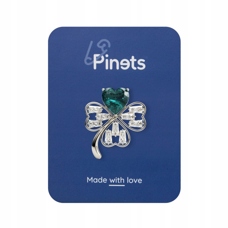 PINETS Koniczynka Srebrna broszka zielone serce