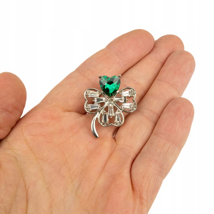 PINETS Koniczynka Srebrna broszka zielone serce