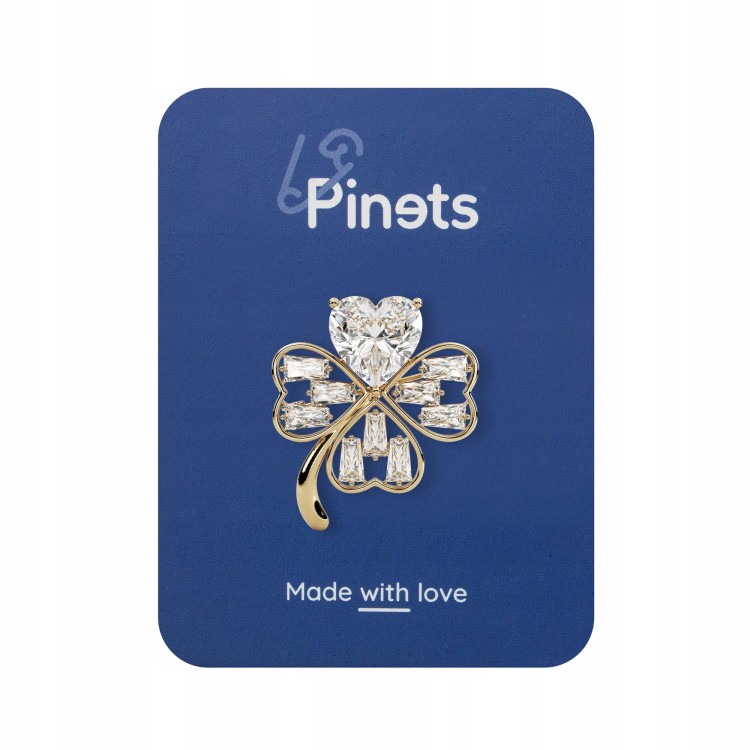 PINETS Broszka Koniczynka Złota z białym sercem