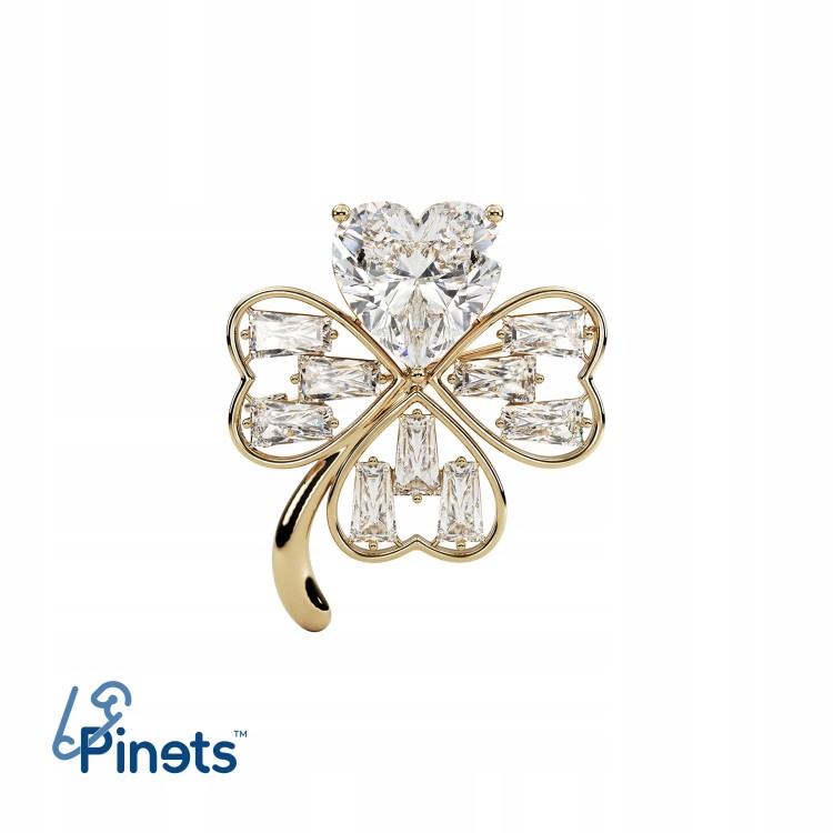 PINETS Broszka Koniczynka Złota z białym sercem