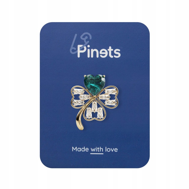 PINETS Broszka złota Koniczynka z zielonym sercem