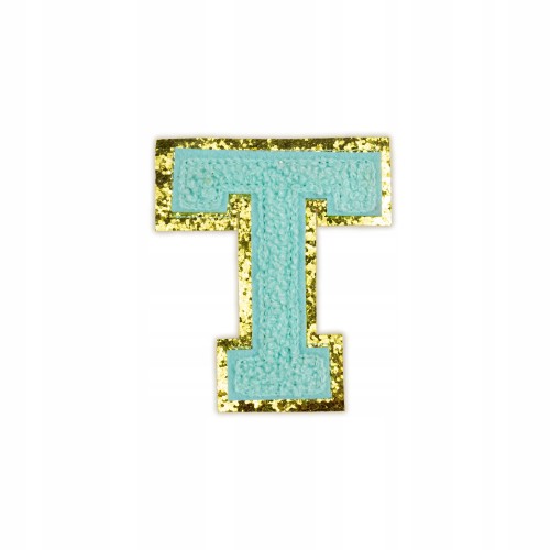 NASZYWKA LITERA T aplikacja duża Font cyjan brokat