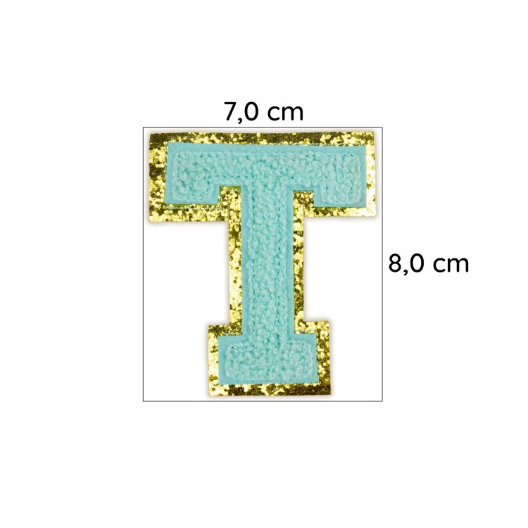 NASZYWKA LITERA T aplikacja duża Font cyjan brokat