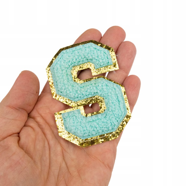 NASZYWKA LITERA S duża Font cyjan aplikacja brokat