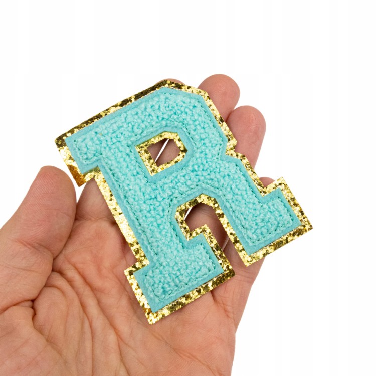 NASZYWKA LITERA R duża Font cyjan błękitna brokat