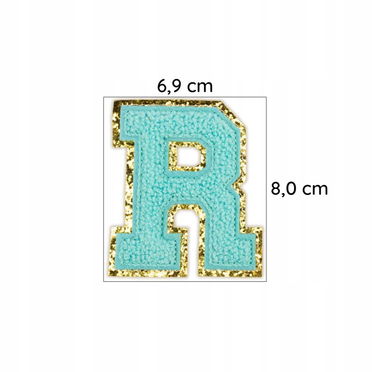NASZYWKA LITERA R duża Font cyjan błękitna brokat
