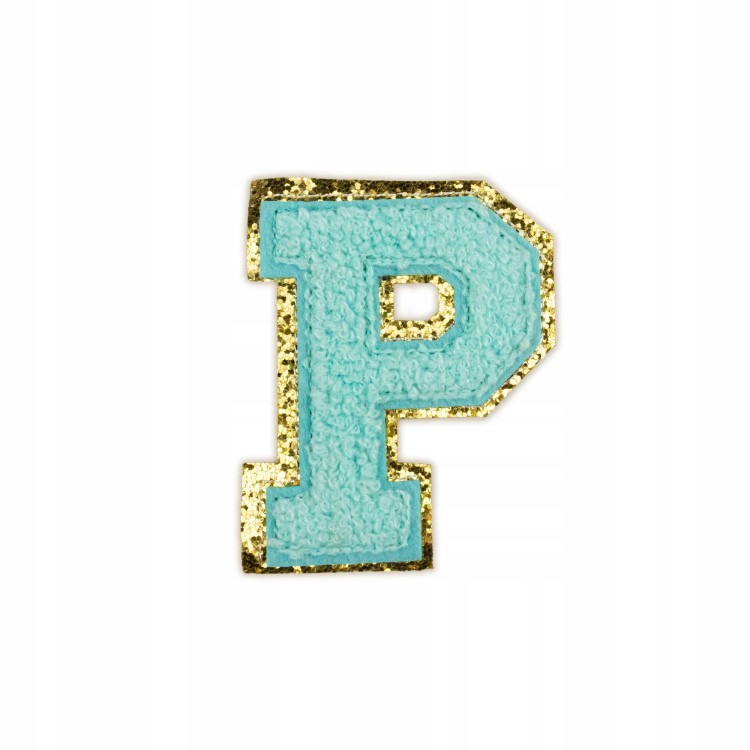 NASZYWKA Font cyjan duża LITERA P brokat błękitna