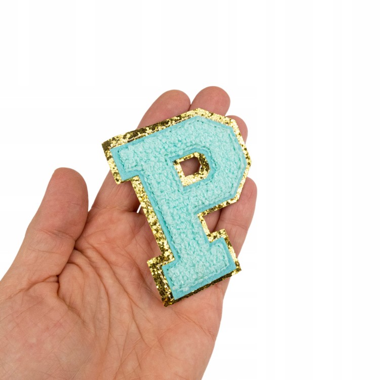 NASZYWKA Font cyjan duża LITERA P brokat błękitna