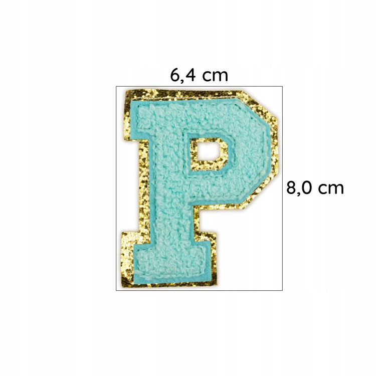 NASZYWKA Font cyjan duża LITERA P brokat błękitna