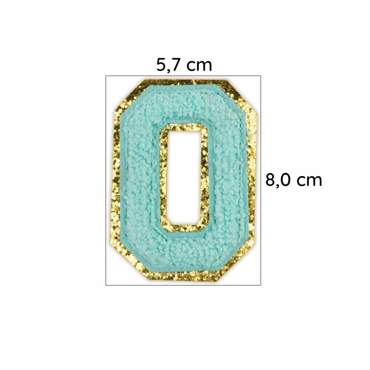 NASZYWKA duża Font cyjan LITERA O brokat błękitna