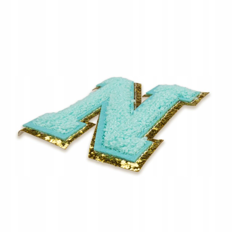 NASZYWKA Font LITERA N cyjanowa brokat błękitna