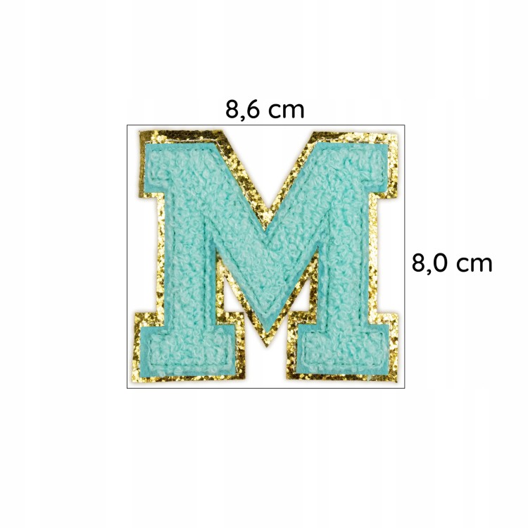 NASZYWKA LITERA M cyjanowa brokat błękitna Font