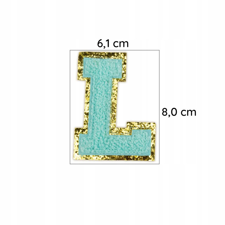 NASZYWKA LITERA L cyjanowa brokat błękitna Napis