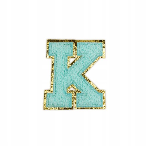 NASZYWKA LITERA K cyjanowa brokat błękitna Napis