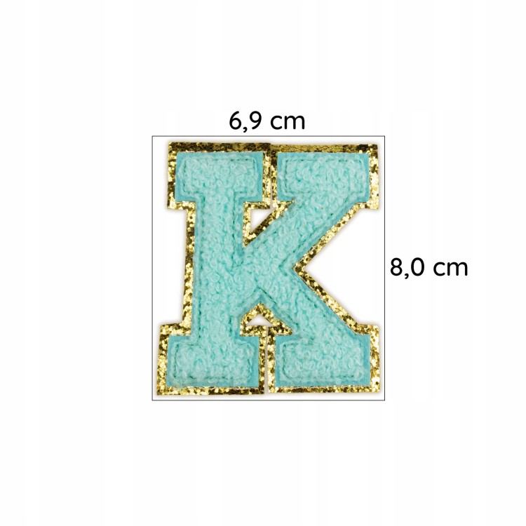 NASZYWKA LITERA K cyjanowa brokat błękitna Napis