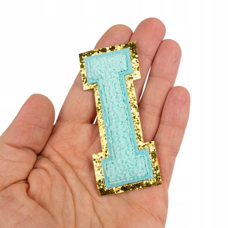 NASZYWKA LITERA I niebieska cyjan brokat Napis