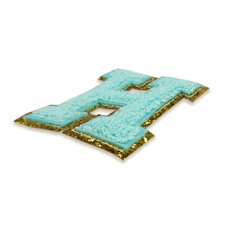 NASZYWKA LITERA H brokat niebieska cyjan Napis