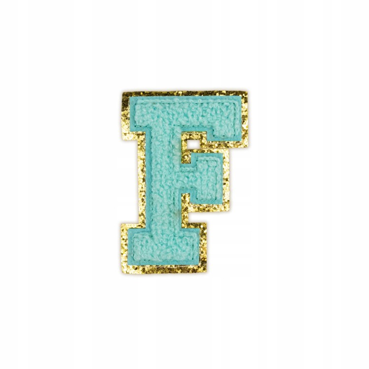 NASZYWKA LITERA F brokat niebieska cyjan Napis