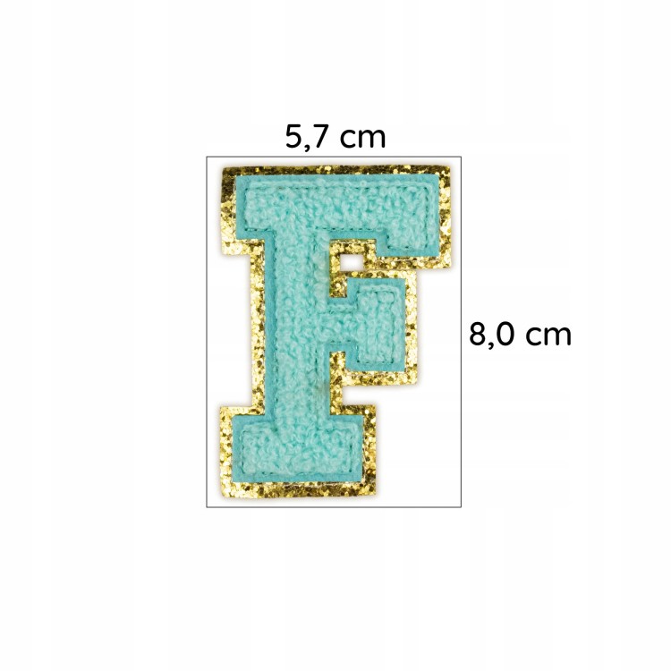 NASZYWKA LITERA F brokat niebieska cyjan Napis