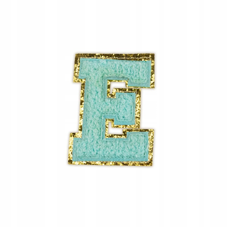 NASZYWKA duża LITERA E brokat niebieska cyjan