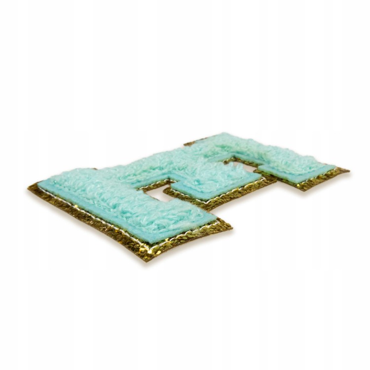 NASZYWKA duża LITERA E brokat niebieska cyjan