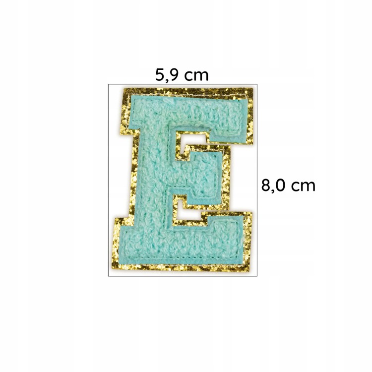 NASZYWKA duża LITERA E brokat niebieska cyjan