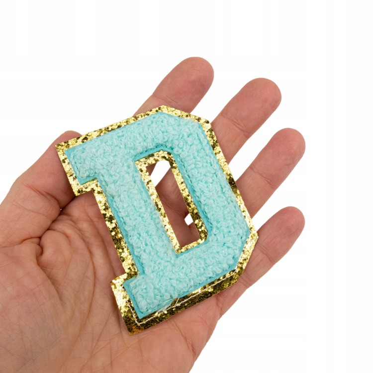 NASZYWKA duża LITERA D cyjan brokat niebieska