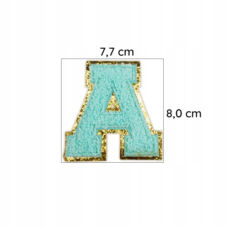 NASZYWKA duża LITERA A niebieska brokat cyjan