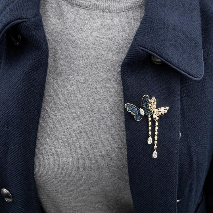 PINETS Broszka dwa Motyle łańcuszki pozłacana 14K