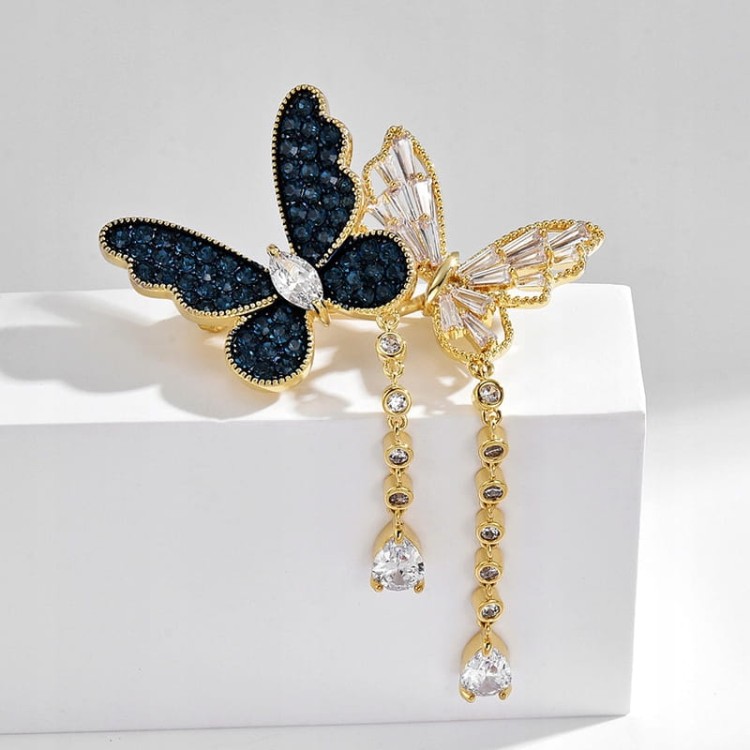 PINETS Broszka dwa Motyle łańcuszki pozłacana 14K