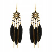 Kolczyki BOHO z czarnymi piórkami długie łańcuszki